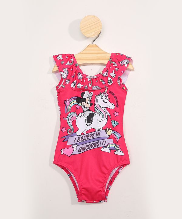 Maiô Infantil Minnie Estampado com Babados Proteção UV50+ Rosa 2