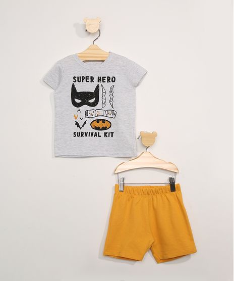 Conjunto-Infantil-de-Camiseta-Manga-Curta-Batman-Cinza-Mescla---Bermuda-Amarelo-9975709-Amarelo_1