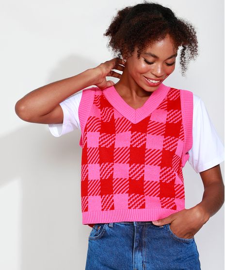 Colete-de-Trico-Feminino-Mindset-Estampado-Xadrez-Vichy-Decote-V-Rosa-9993273-Rosa_1