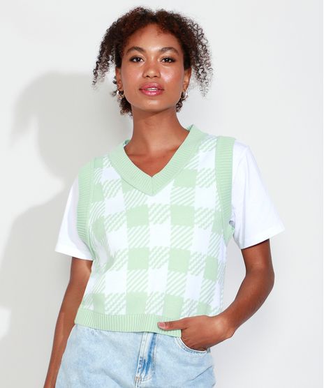 Colete-de-Trico-Feminino-Mindset-Estampado-Xadrez-Vichy-Decote-V-Verde-Claro-9993273-Verde_Claro_1