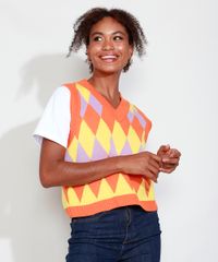 Colete-de-Trico-Feminino-Mindset-Estampado-de-Losangos-Decote-V-Laranja-9993271-Laranja_1
