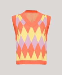 Colete-de-Trico-Feminino-Mindset-Estampado-de-Losangos-Decote-V-Laranja-9993271-Laranja_6