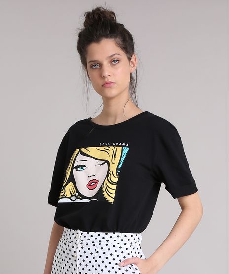 T-shirt-Feminina-Manga-Curta-Oversized--Less-Drama--Pop-Art-Preta-9251623-Preto_1