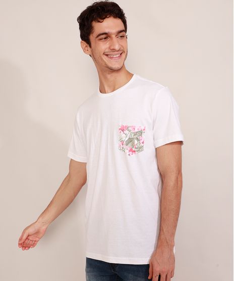Camiseta-Masculina-Manga-Curta-com-Bolso-Estampado-de-Folhagem-Gola-Careca-Branca-9981274-Branco_1