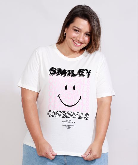 Camiseta-Plus-Size-Feminina-Manga-Curta-Smiley-Flocada-Decote-Redondo-Off-White-9982642-Off_White_1