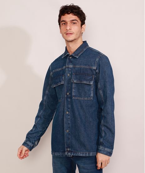 Jaqueta-Jeans-Masculina-Longa-com-Recorte-e-Bolsos-Azul-Escuro-9981196-Azul_Escuro_1