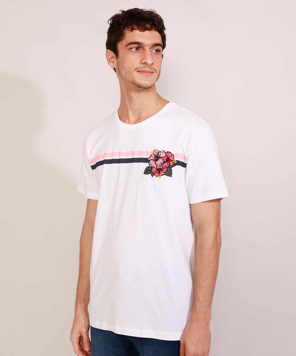 Camiseta Masculina Manga Curta com Bordado Floral e Listras Gola Careca Branca