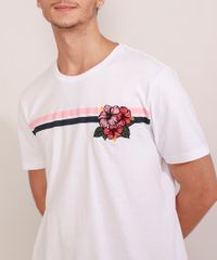 Camiseta-Masculina-Manga-Curta-com-Bordado-Floral-e-Listras-Gola-Careca-Branca-9984824-Branco_5