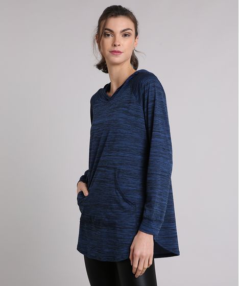 Blusa Feminina Esportiva Ace Com Capuz E Bolso Manga Longa Azul Cea