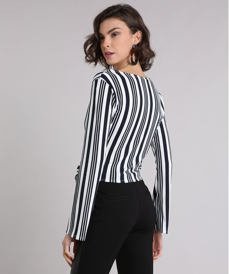 Blusa Feminina Cropped Listrada Com Faixa Para Amarrar Manga Longa