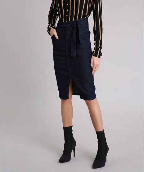 Saia-Jeans-Feminina-Midi-com-Fenda-e-Faixa-para-Amarrar-Azul-Escuro-9223879-Azul_Escuro_1