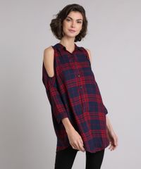 Camisa-Feminina-Xadrez-Open-Shoulder-Alongada-com-Vazados-Manga-Longa-Azul-Marinho-9029325-Azul_Marinho_1