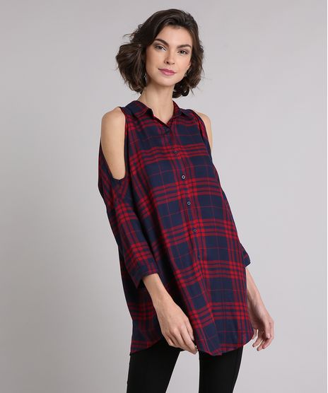 Camisa-Feminina-Xadrez-Open-Shoulder-Alongada-com-Vazados-Manga-Longa-Azul-Marinho-9029325-Azul_Marinho_1