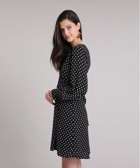 Vestido-Manga-Longa-de-Poa-em-Crepe-Com-Faixa-para-Amarrar-com-Decote-V-Preto-9250711-Preto_1