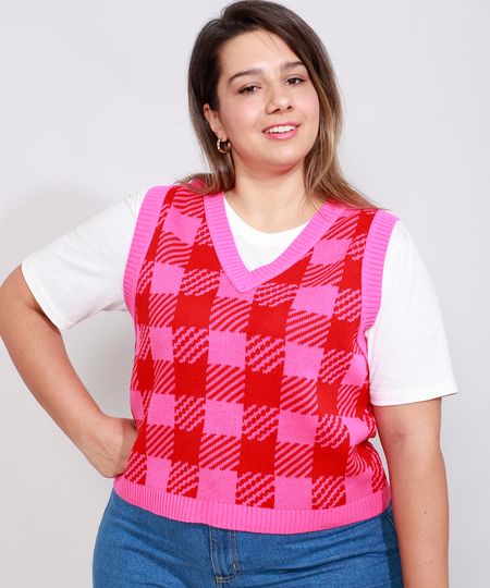 Colete-de-Trico-Feminino-Plus-Size-Mindset-Estampado-Xadrez-Vichy-Decote-V-Rosa-9993267-Rosa_1