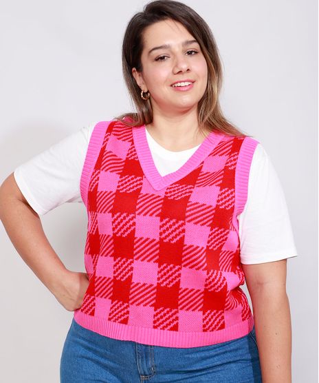 Colete-de-Trico-Feminino-Plus-Size-Mindset-Estampado-Xadrez-Vichy-Decote-V-Rosa-9993267-Rosa_1