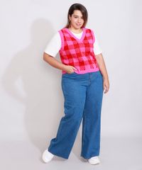 Colete-de-Trico-Feminino-Plus-Size-Mindset-Estampado-Xadrez-Vichy-Decote-V-Rosa-9993267-Rosa_3