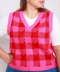 Colete-de-Trico-Feminino-Plus-Size-Mindset-Estampado-Xadrez-Vichy-Decote-V-Rosa-9993267-Rosa_4