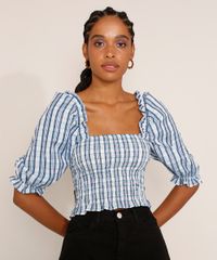 Blusa-Feminina-Estampada-Xadrez-Manga-Bufante-Cropped-com-Lastex-e-Babado-Decote-Reto-Azul-Escuro-9972551-Azul_Escuro_1