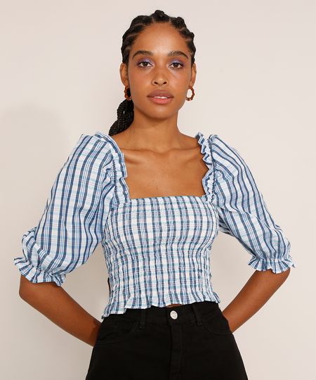 Blusa-Feminina-Estampada-Xadrez-Manga-Bufante-Cropped-com-Lastex-e-Babado-Decote-Reto-Azul-Escuro-9972551-Azul_Escuro_1