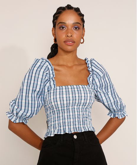 Blusa-Feminina-Estampada-Xadrez-Manga-Bufante-Cropped-com-Lastex-e-Babado-Decote-Reto-Azul-Escuro-9972551-Azul_Escuro_1