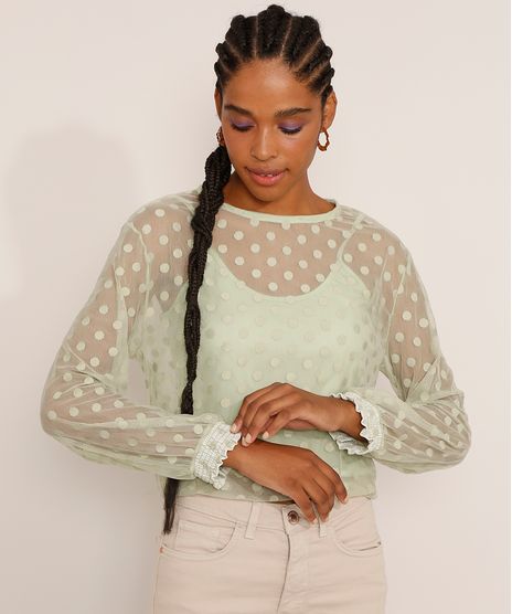 Blusa-de-Tule-Feminina-Manga-Bufante-Poa-com-Forro-Decote-Redondo-Verde-Claro-9982423-Verde_Claro_1