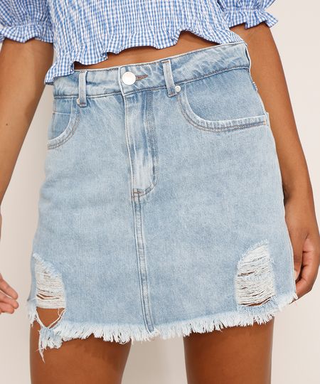 Short-Saia-Jeans-Feminino-Cintura-Alta-Destroyed-Marmorizado-com-Fenda-Azul-Claro-9981856-Azul_Claro_1 Short-Saia-Jeans-Feminino-Cintura-Alta-Destroyed-Marmorizado-com-Fenda-Azul-Claro-9981856-Azul_Claro_1