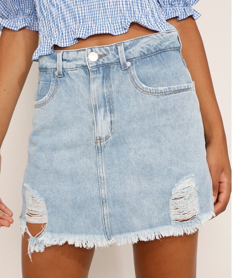 Short-Saia-Jeans-Feminino-Cintura-Alta-Destroyed-Marmorizado-com-Fenda-Azul-Claro-9981856-Azul_Claro_1