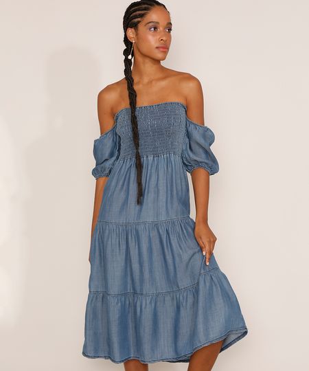 Vestido-Jeans-Feminino-Midi-Ombro-a-Ombro-com-Lastex-e-Recorte-Manga-Bufante-Azul-Medio-9981880-Azul_Medio_1