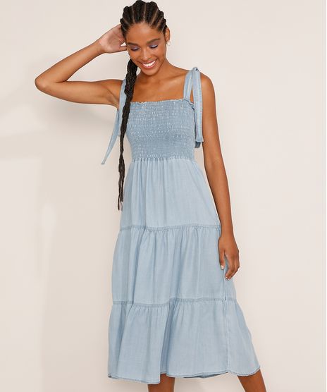 Vestido-Jeans-Feminino-Midi-com-Lastex-e-Recorte-Alca-Laco-Azul-Claro-9981881-Azul_Claro_1