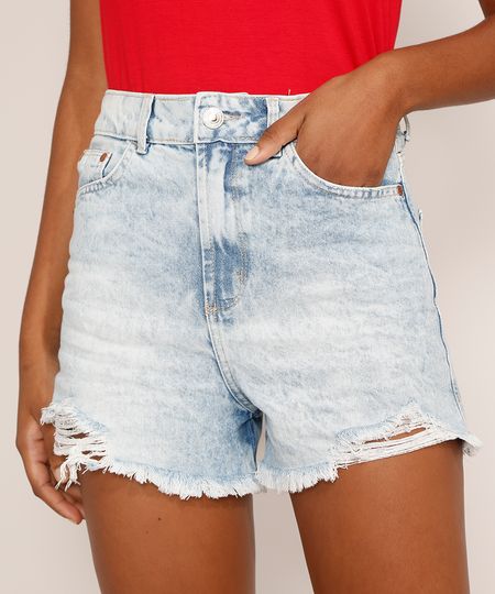 Short-Jeans-Feminino-Reto-Cintura-Super-Alta-Marmorizado-com-Barra-Desfiada-Azul-Claro-9985652-Azul_Claro_1