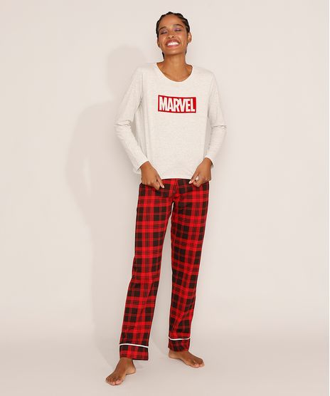 Pijama-Feminino-Manga-Longa-Marvel-Flocado-com-Estampa-Xadrez-Cinza-Mescla-9979496-Cinza_Mescla_1