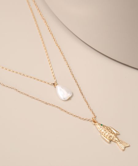 Colar-Feminino-Duplo-com-Pingente-de-Peixe-Perola-Dourado-9976818-Dourado_1