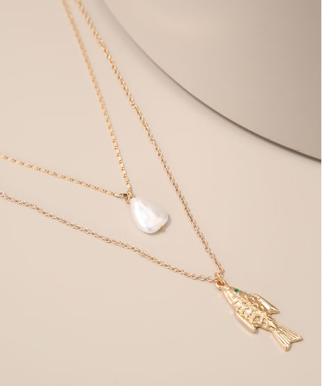 Colar-Feminino-Duplo-com-Pingente-de-Peixe-Perola-Dourado-9976818-Dourado_1