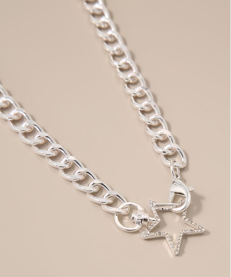 Colar-Feminino-de-Corrente-Grossa-com-Estrela-e-Strass-Prateado-9976822-Prateado_1
