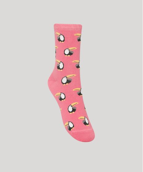 Meia-Feminina-Cano-Alto-Estampada-de-Tucanos-Rosa-9983295-Rosa_1
