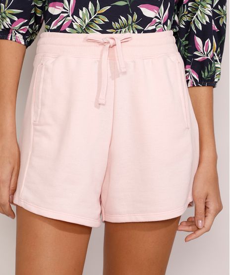 Short-de-Moletom-Feminino-Cintura-Alta-com-Recorte-Canelado-e-Bolsos-Rosa-Claro-9975493-Rosa_Claro_1