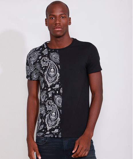 Camiseta-Masculina-Slim-Manga-Curta-com-Estampa-Paisley-Gola-Careca-Preta-9982289-Preto_1