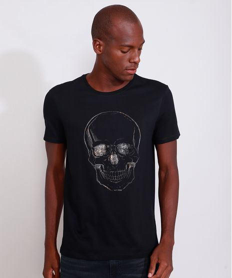 Camiseta-Masculina-Slim-Manga-Curta-Caveira-Metalizada-com-Relevo-Gola-Careca-Preta-9982997-Preto_1