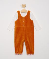 Conjunto-Blusa-Infantil-Manga-Longa-Branca---Macacao-de-Veludo-Cotele-Marrom-9971716-Marrom_1