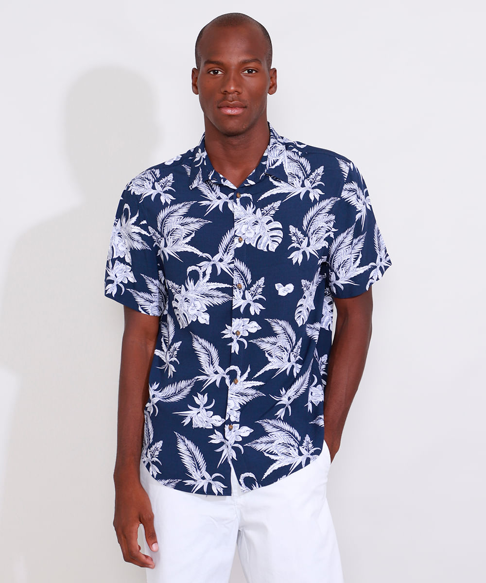 Camisa Masculina Tradicional Estampada de Folhagem Manga Curta Azul Marinho