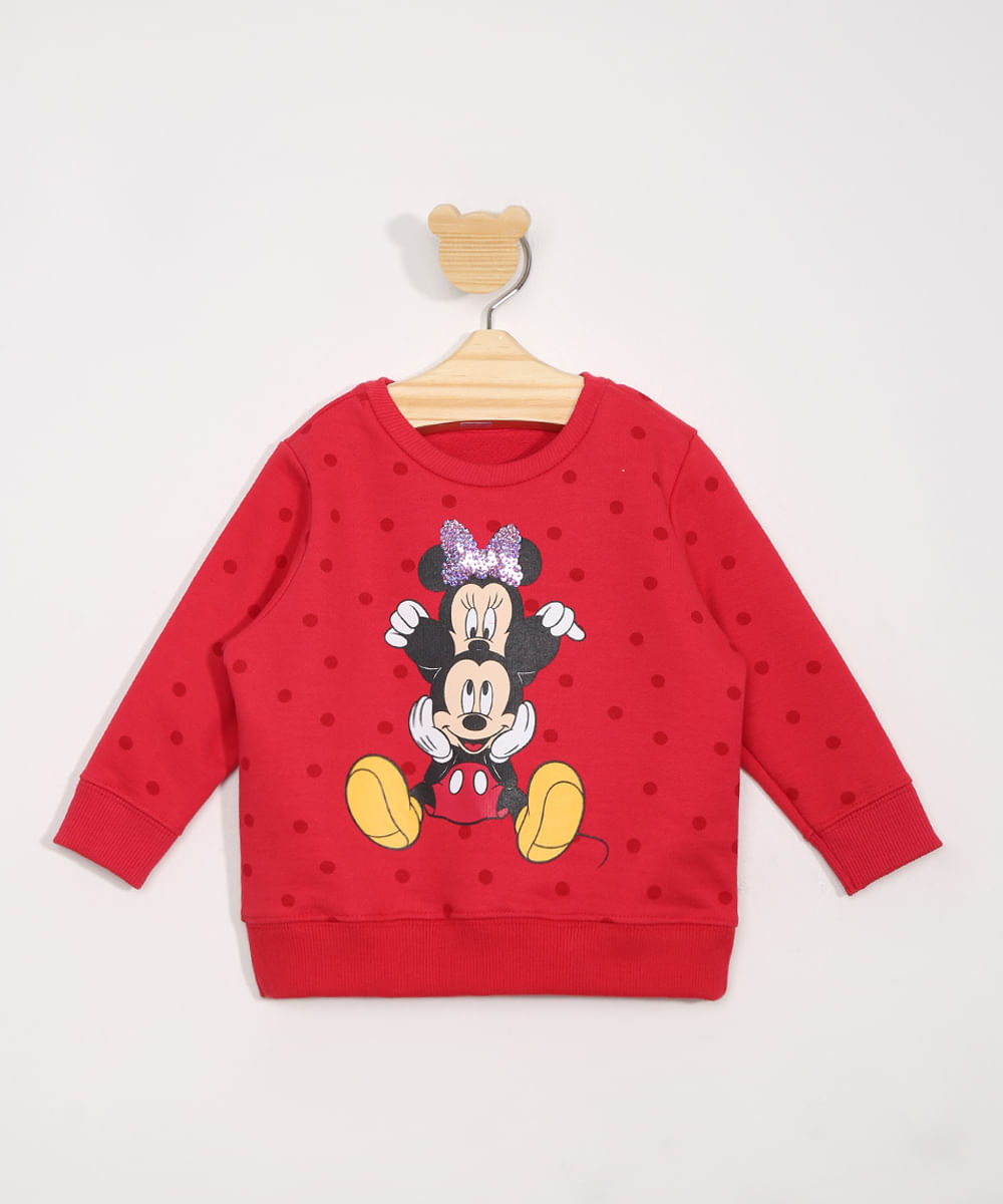 Blusão de Moletom Infantil Mickey e Minnie Estampado de Poá com Paetês Vermelho
