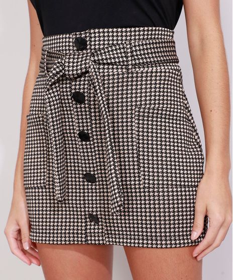 Saia-Feminina-Curta-Clochard-Estampada-Pied-de-Poule-com-Bolsos-e-Faixa-para-Amarrar-Bege-9984428-Bege_1