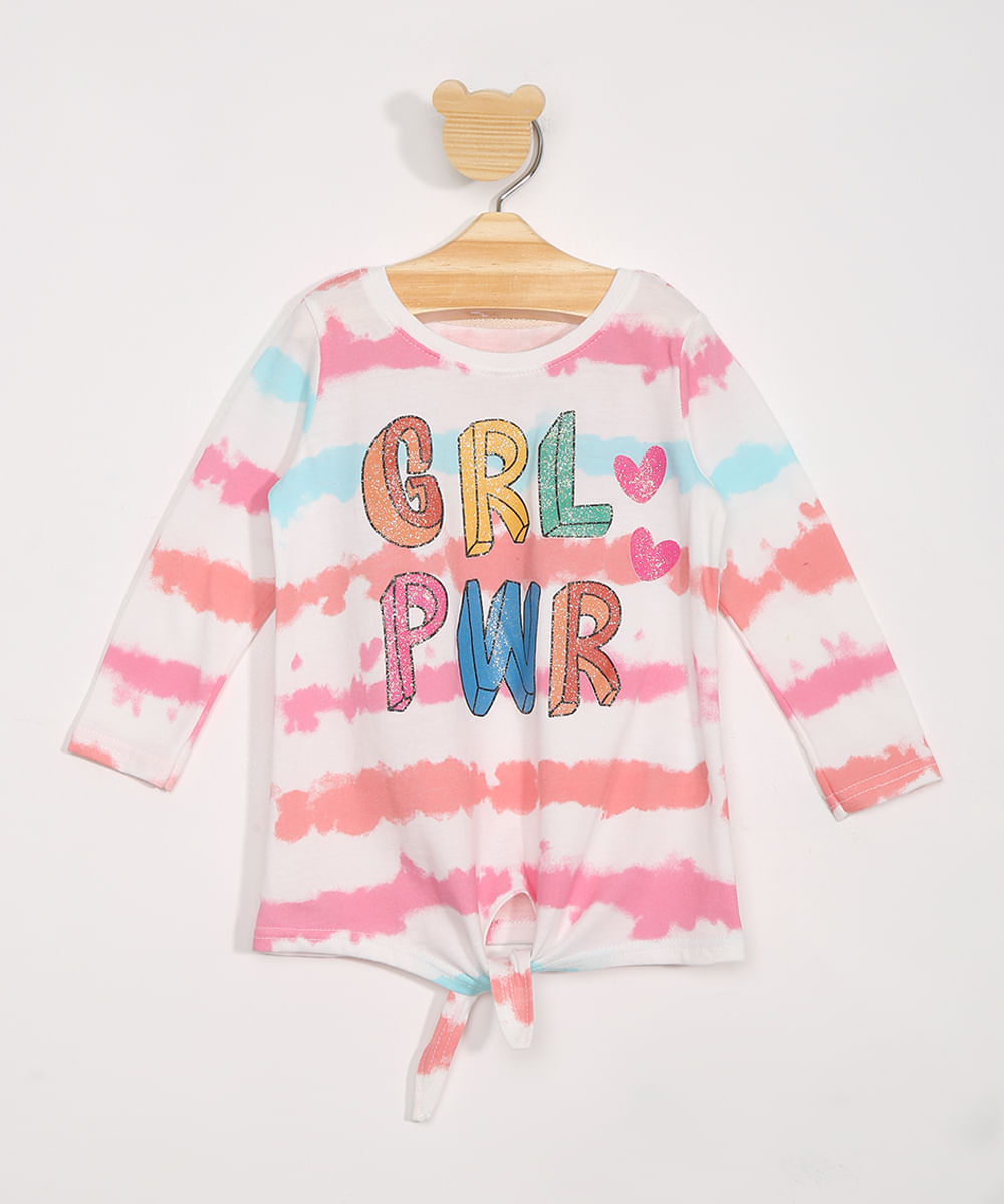 Blusa Infantil Manga Longa Estampada Tie Dye "GRL PWR" com Nó Pink