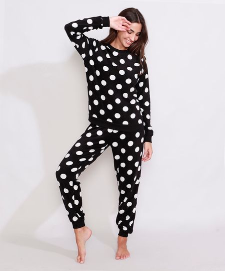 Pijama-de-Fleece-Feminino-Manga-Longa-Estampado-de-Poa-Preto-9974704-Preto_1