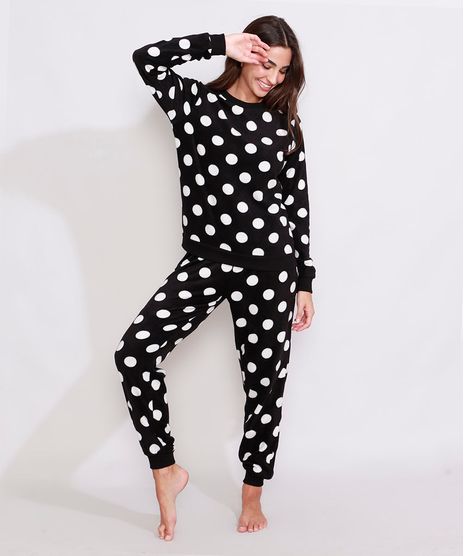 Pijama-de-Fleece-Feminino-Manga-Longa-Estampado-de-Poa-Preto-9974704-Preto_1