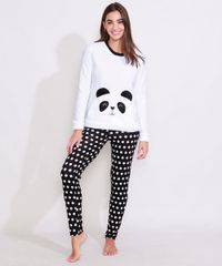 Pijama-de-Fleece-Feminino-Manga-Longa-Panda-com-Bolso-Canguru-e-Poa-Branco-9974104-Branco_1