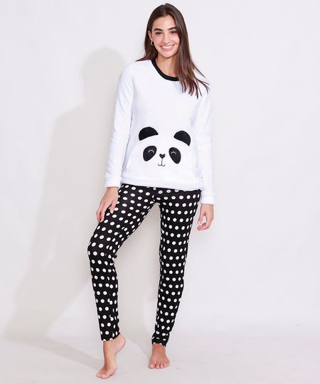 Pijama-de-Fleece-Feminino-Manga-Longa-Panda-com-Bolso-Canguru-e-Poa-Branco-9974104-Branco_1
