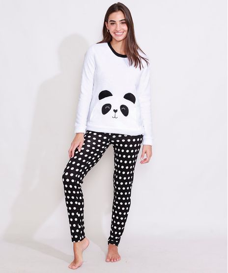 Pijama-de-Fleece-Feminino-Manga-Longa-Panda-com-Bolso-Canguru-e-Poa-Branco-9974104-Branco_1