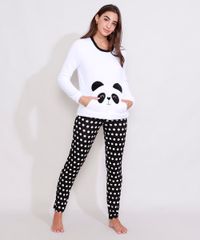 Pijama-de-Fleece-Feminino-Manga-Longa-Panda-com-Bolso-Canguru-e-Poa-Branco-9974104-Branco_3